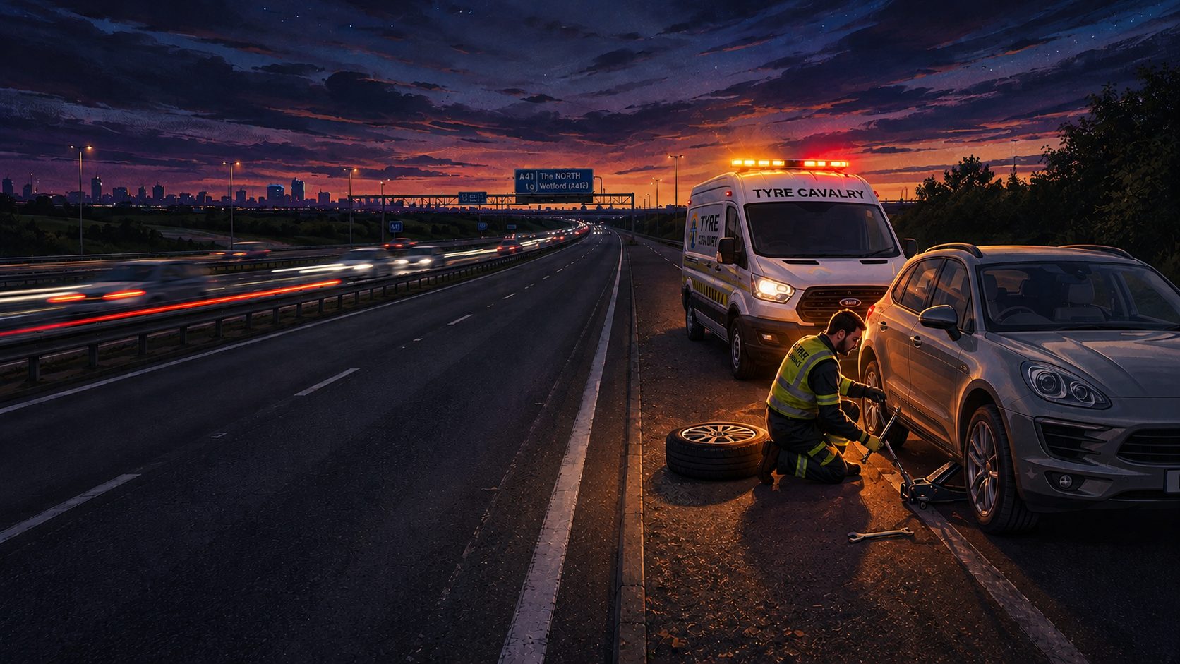 Tyre Cavalry mechanic changing a tyre on the motorway hard shoulder at dusk, with the branded van and flashing hazard lights behind